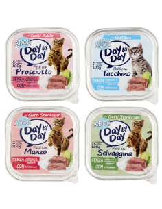 ADoC Day By Day Cat Gatto Mix 4 Paté Prosciutto Manzo Tacchino Selvaggina - Box da 24 Vaschette Da 100gr