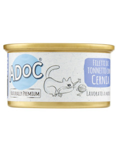 Adoc - Cibo Umido per Gatti Adulti con Ingredienti Naturali Trancetti di Tonnetto Naturale con CERNIA - 24 lattine da 85gr
