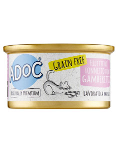 Adoc Cibo Umido per Gatti Adulti con Ingredienti Naturali Trancetti di Tonnetto con Gamberetti NO GRAIN - 24 lattine da 85gr