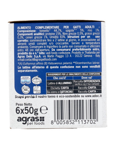 ADoC Cat Gatto MP Tonnetto con Spigola - 8 Box da 6 Lattine da 50gr - Alimenti per Animali