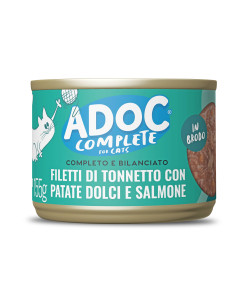 Adoc Cibo Umido per Gatti Completo e Bilanciato - Filetti di TONNETTO con PATATE DOLCI e SALMONE - 16 Lattine da 155 gr