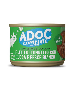Adoc Cibo Umido per Gatti Completo e Bilanciato - Filetti di TONNETTO con ZUCCA e PESCE BIANCO - 16 Lattine da 155 gr