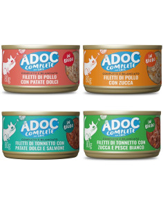 Adoc Cibo Umido per Gatti MIX COMPLETO E BILANCIATO - Filetti di TONNETTO e POLLO - 24 Lattine da 80 gr