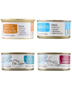 24 Lattine DA 85 gr ADoC Cat Gatto Cibo Umido per Gatti SHELTER BOX - Gamberetti Alicette Prosciutto Tonnetto